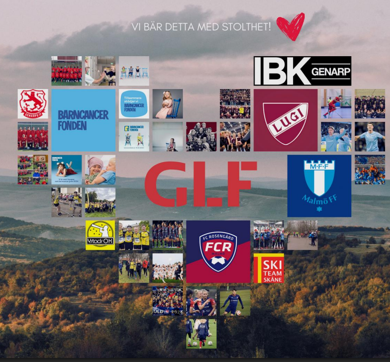 Collage med GLF-logotypen, föreningsmärken och bilder från idrott och samhällsengagemang.