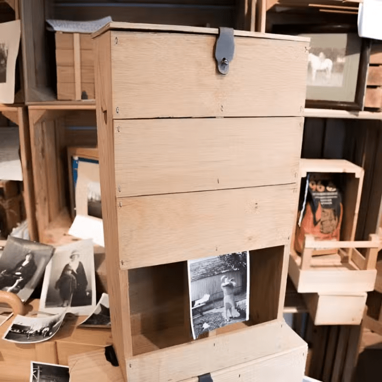 D’anciennes caisses en bois accompagnées de photographies retraçant l’histoire de GLF.