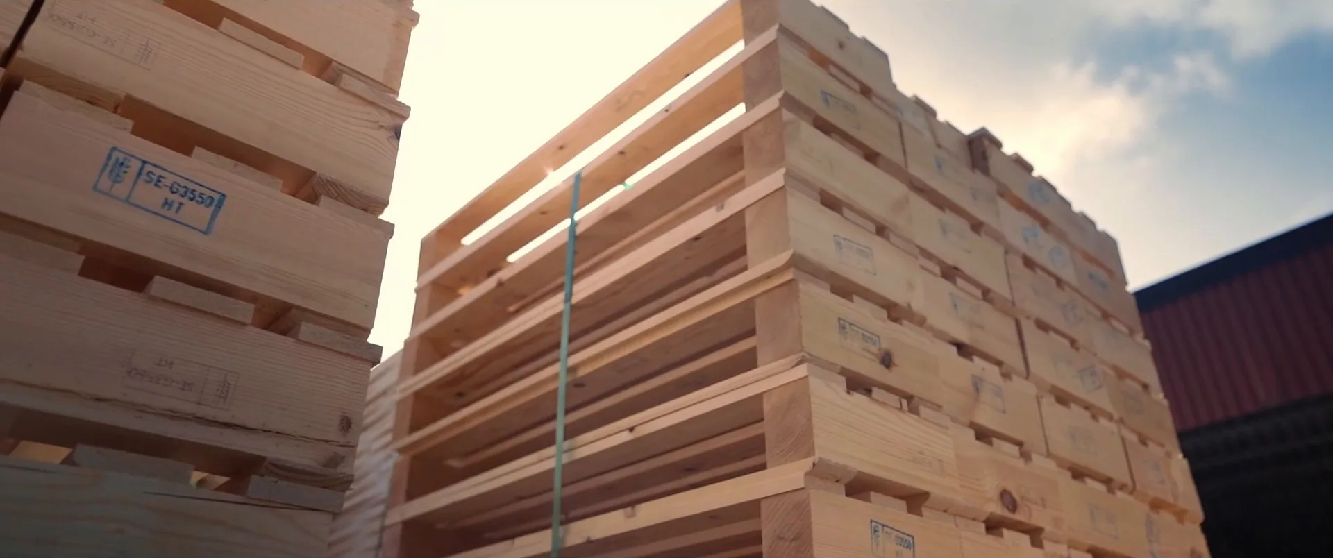 Stacks of finished wooden pallets