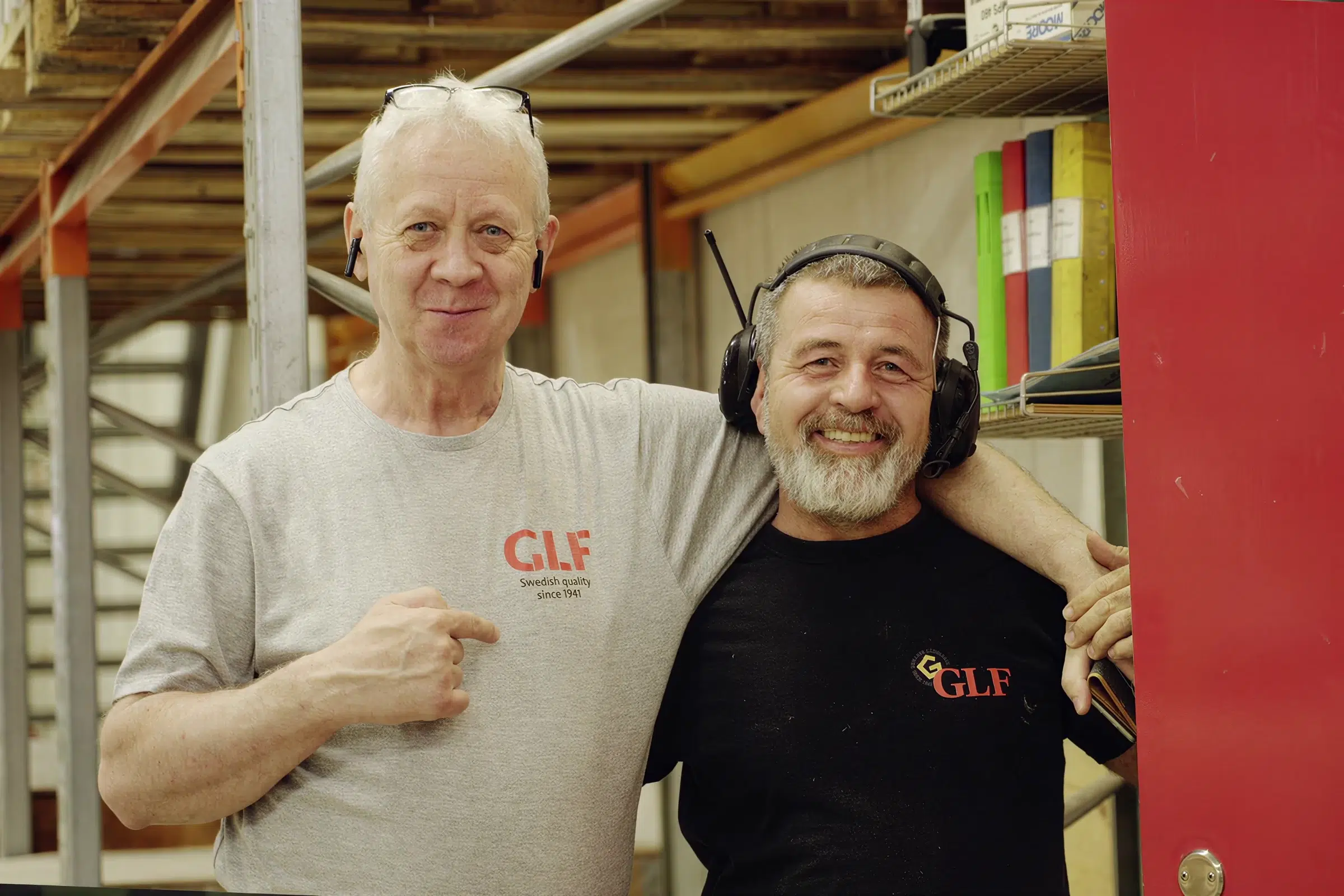 Two colleagues in GLF's workshop.