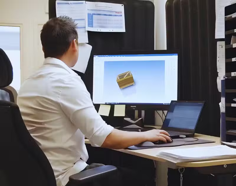 En konstruktör hos GLF utvecklar ett träemballage i CAD.