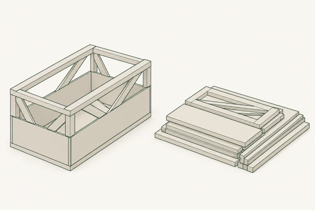 Concept illustration of assembled wooden packaging beside the same parts packed flat.