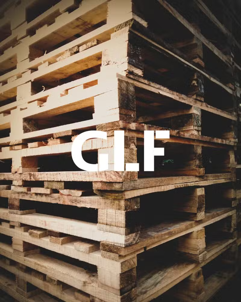 A high stack of sustainable wooden pallets with the GLF company logo overlaid.