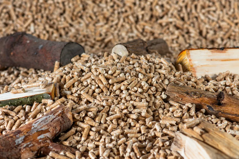 Close-up of wood pellets and pieces of firewood.