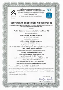 Published product certificate 0968/2023 for pine and spruce wood pellets. Information about the certificate’s status is provided in the product certificate section.