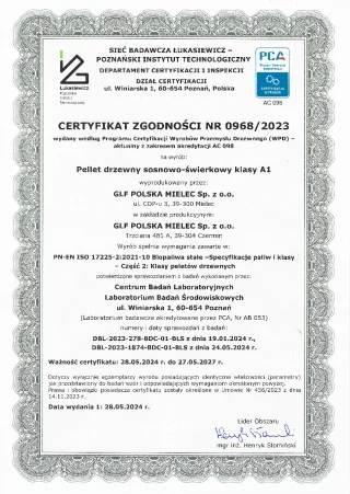 Det publicerade produktcertifikatet 0968/2023 för träpellets av tall och gran. Uppgifter om certifikatets status finns i avsnittet om produktcertifikatet.