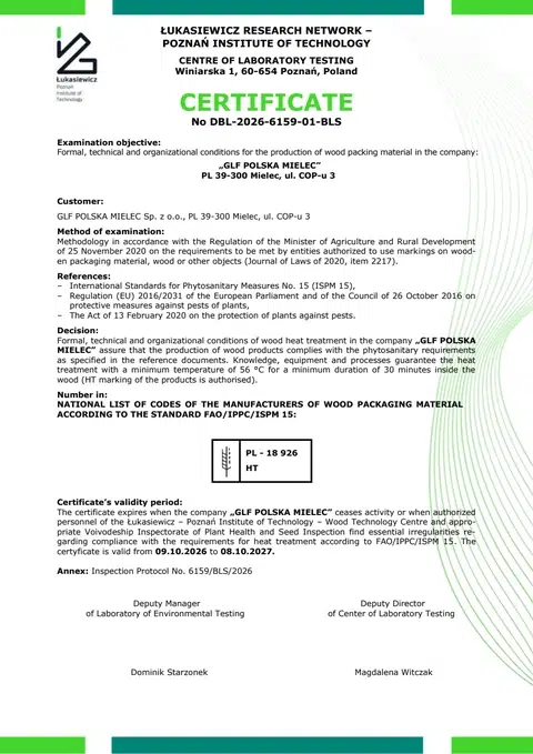 First page of the ISPM 15 certificate for GLF Polska Mielec Sp. z o.o.