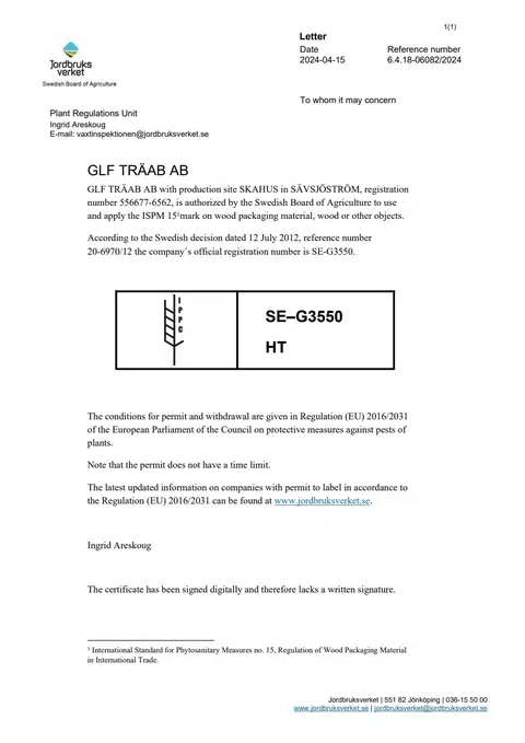 First page of the ISPM 15 certificate for GLF Träab AB