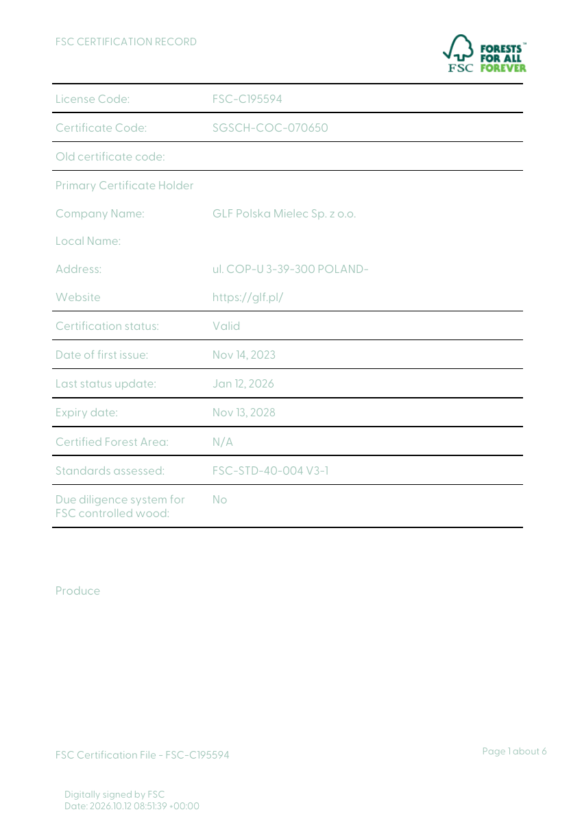 First page of the FSC register extract for GLF Polska Mielec Sp. z o.o., dated 12 October 2026.